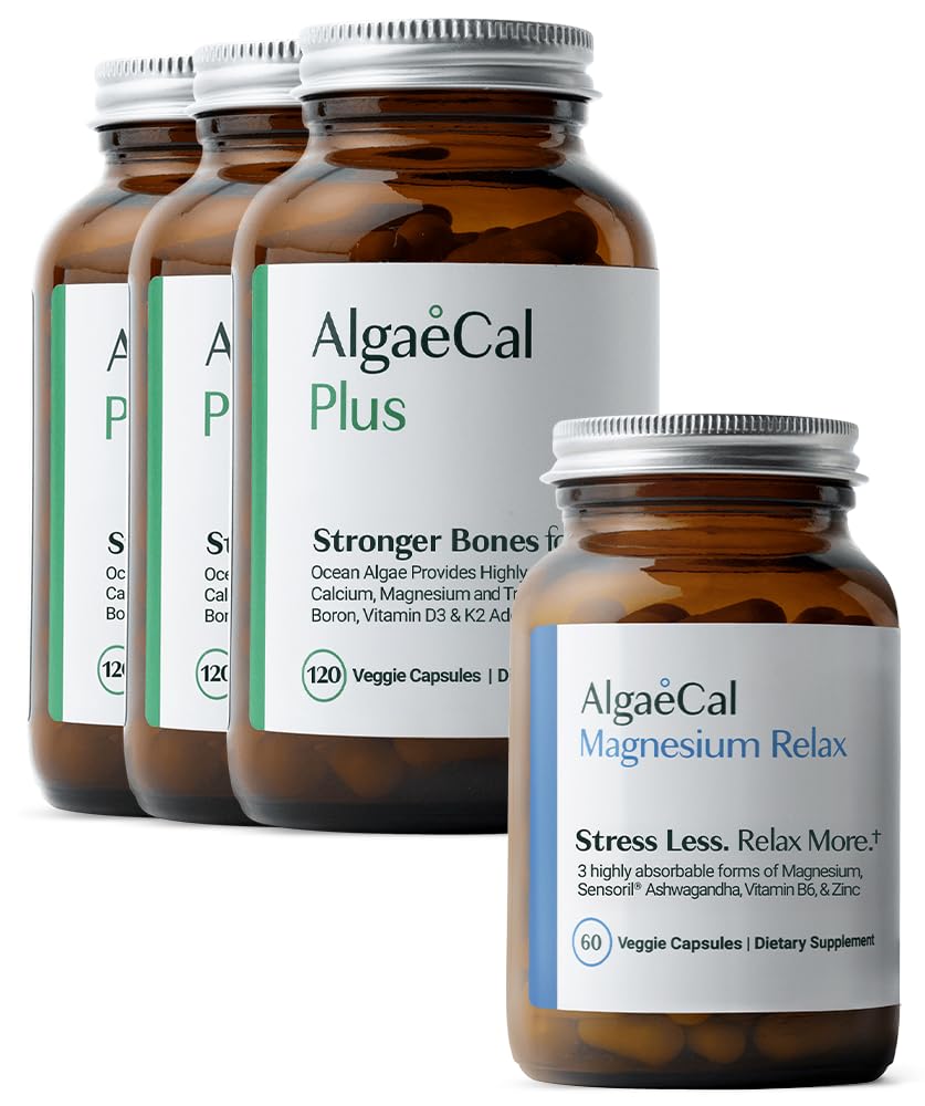 ALGAECAL Organic Red Algen Calcium Supplement for Bone Density & Strength, Vitamine K2 MK7, Vitamine D3, Magnesium & Trace Minerals, 120 Veggie Caps Magnesium RelaxTM (60 Caps)