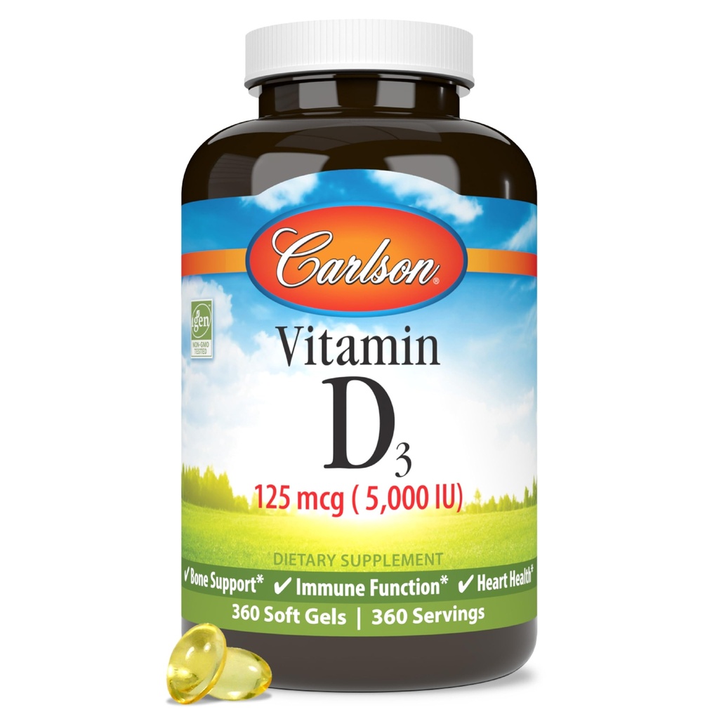 Carlson - Vitamine D3 5000 IE (125 mcg), Bone Health, Muscle Health, Cholecalciferol, Vitamine D Supplementen, Vitamine D3 Zachte Gels, 360 Softgels