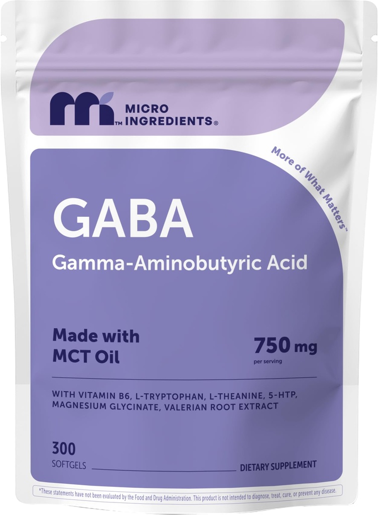 Micro-Ingrediënten GABA 750 mg met MCT-olie, 300 Softgels Gamma-Amino-Acid met vitamine B6, 5-HTP, L-Theanine, L-Tryptofaan & Magnesium Glycinate
