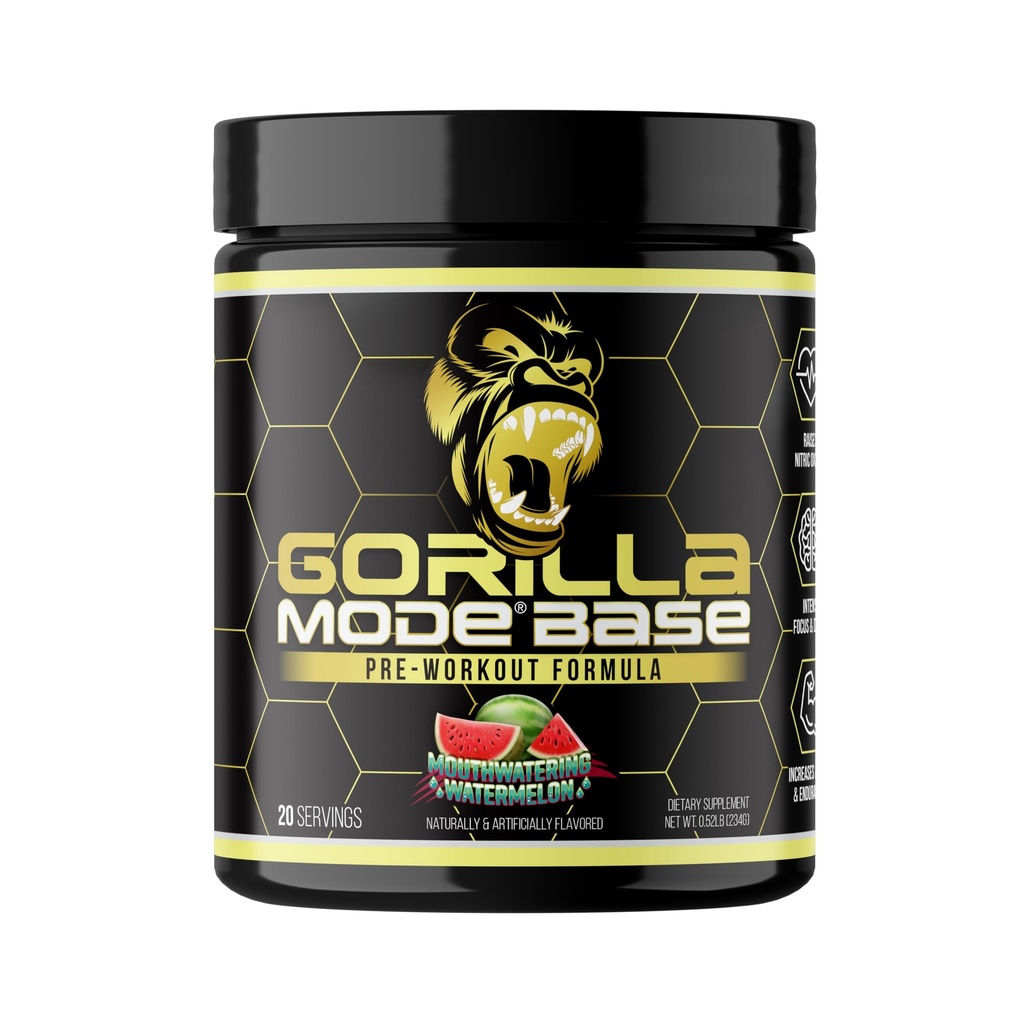 Gorilla Mode Base Pre Workout - Raises Nitric Oxide · Intense Focus & Drive · Endurance · Power - L-Citrulline, L-Tyrosine, Betaine, Alpha-GPC, Caffeine, Huperzine A - 234g (Mouthwatering Watermelon)