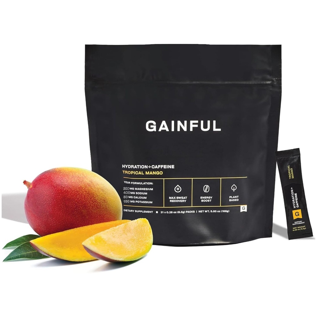 Gainful Hydration + Caffeine Powder Packets with Key Electrolytes Magnesium & Sodium + L Theanine, Low Sugar Drink Mix, Tropical Mango, 21 Sticks