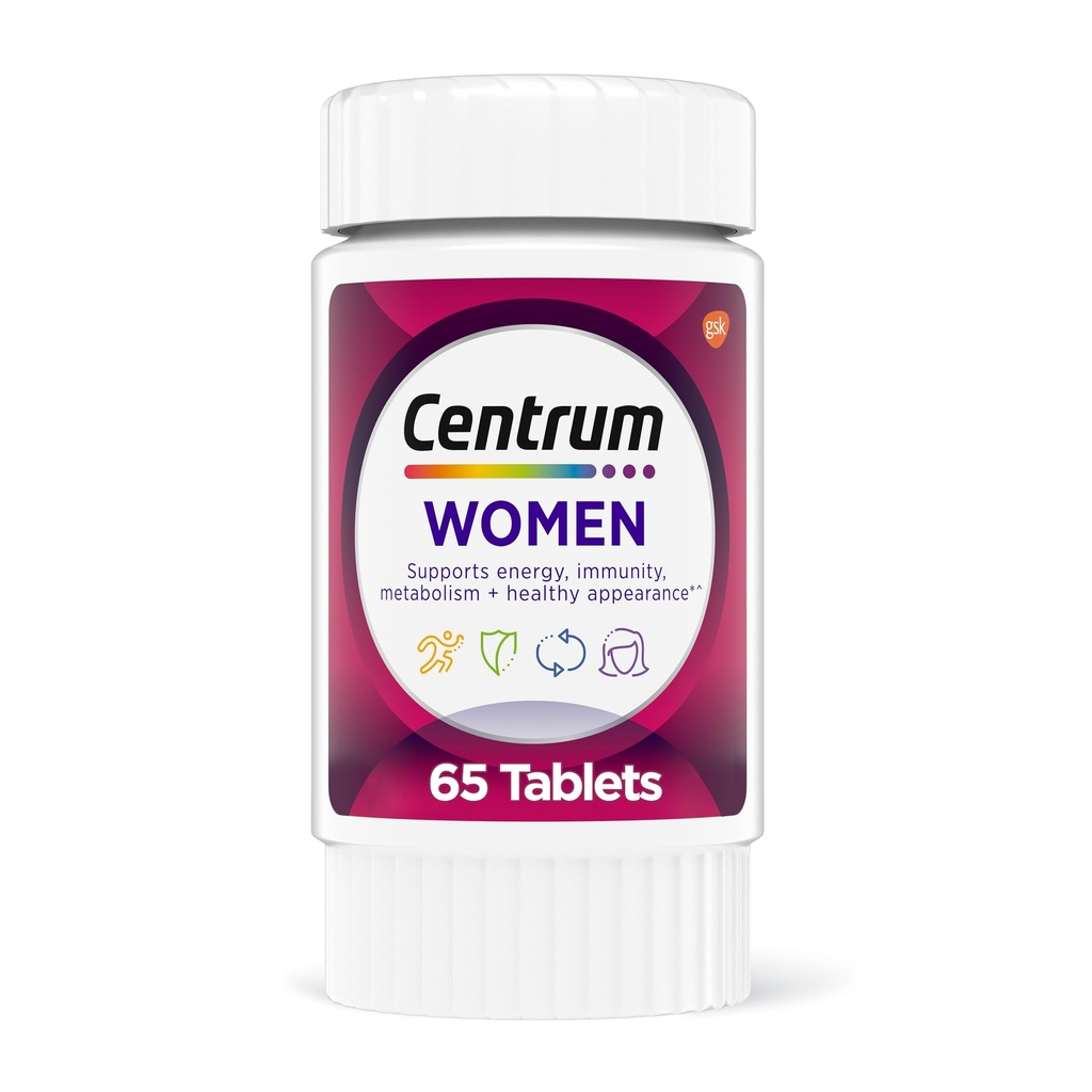 Centrum Multivitamine voor vrouwen, Multivitamine/Multimineral Supplement met ijzer, vitamine D3, B Vitaminen en Antioxidant Vitaminen C en E, Glutenvrij, Non-GMO Ingrediënten - 65 Tel.