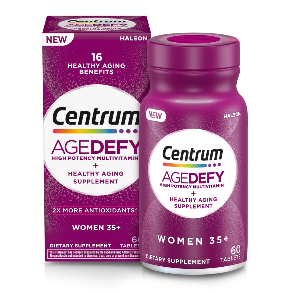 ​​​Centrum Age Defy for Women 35+ - High-Potency Multivitamin and Healthy Aging Supplement – Multivitamin with Resveratrol, and Niacin for NAD+ Level Support - Aluminum Bottle, 60 Tablets​