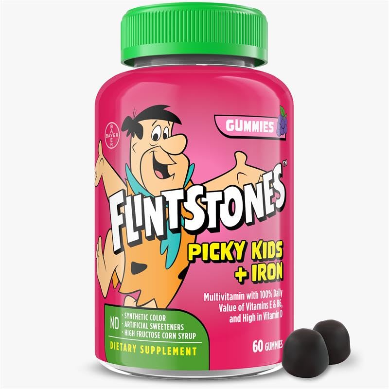 Flintstones Vitaminen voor Picky Kids + Iron, Kids Multivitamine Gummies met vitamine C, D, E, B6 en ijzer, Gummy Vitaminen, Grape Flavored, 60 Gummies
