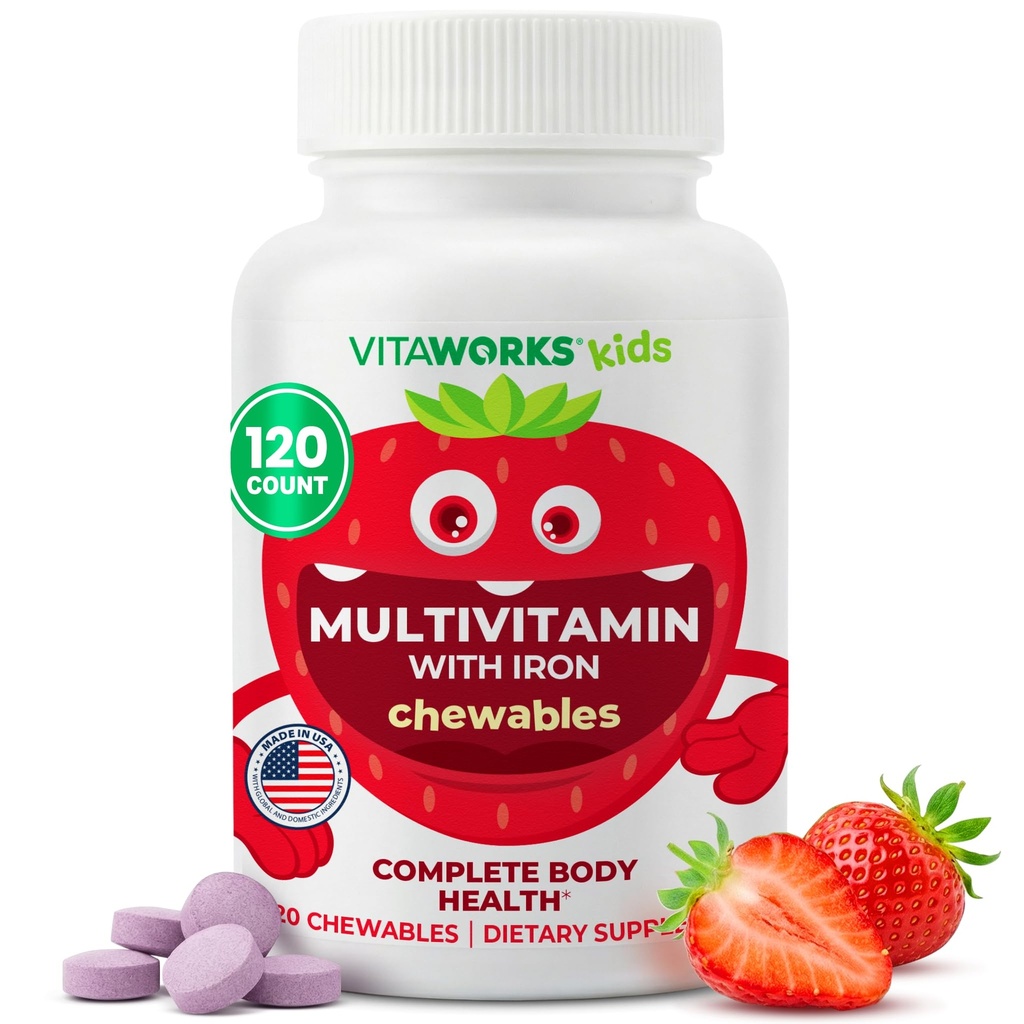 Kids Multivitamin with Iron & Minerals Chewable Tablets - Mixed Fruit Flavor - Vegetarian, GMO-Free, Nut Free - Dietary Supplement - Digestive Support for Children - 120 Chewables