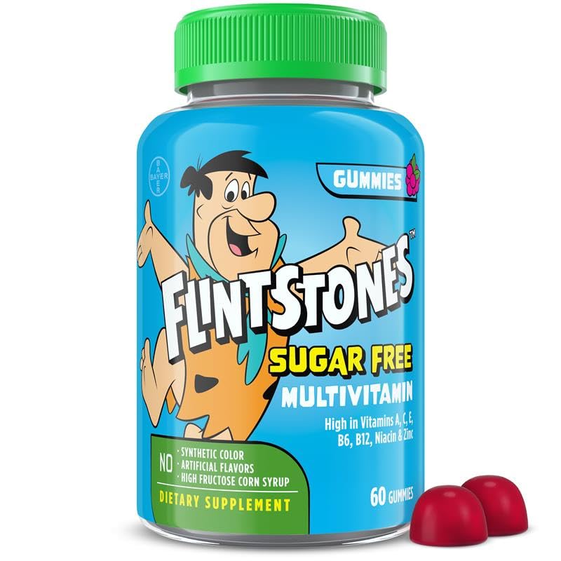 Flintstones Multivitamins for Kids, Sugar Free Kids Multivitamin Gummies, with Vitamins A, C, E, B6 & B12, Raspberry Flavored Gummy Vitamins, 60 Count