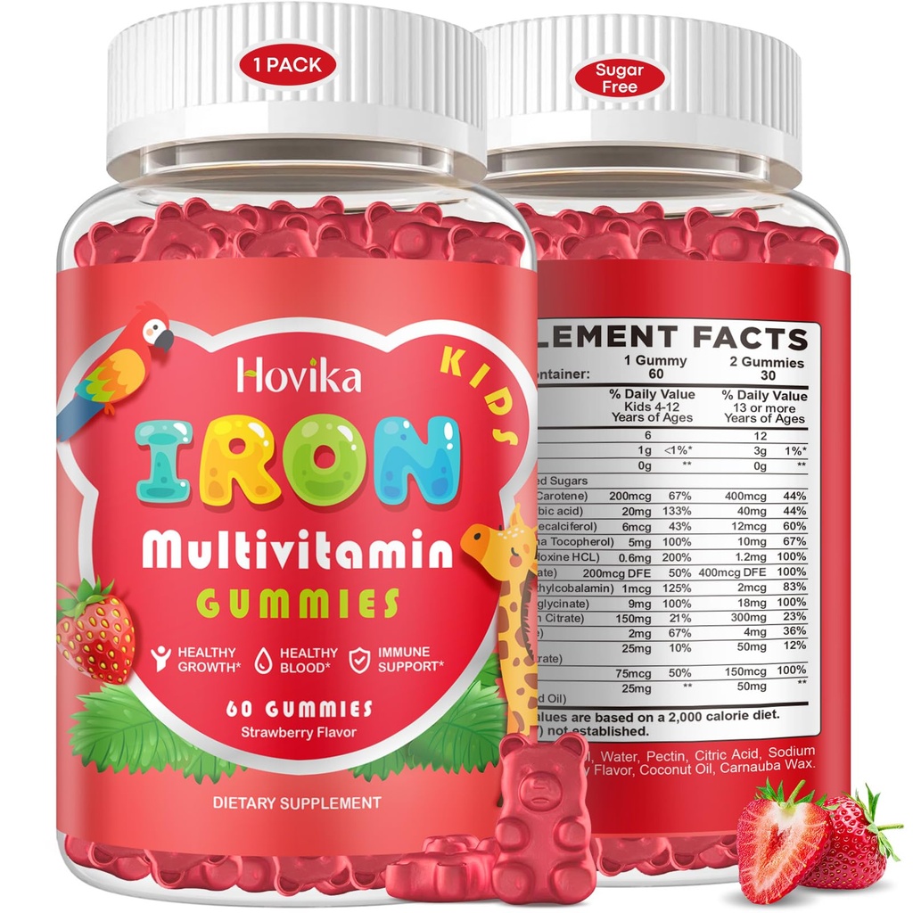 IJzeren supplement Gummies voor kinderen met Multivitamine, Calcium, Zink, Folate - Kids Iron Gummies Ondersteuning Immune, Blood Builder, Iron Deficency, Anemia & Energy - Vegan, Aardbei 60 Tel.