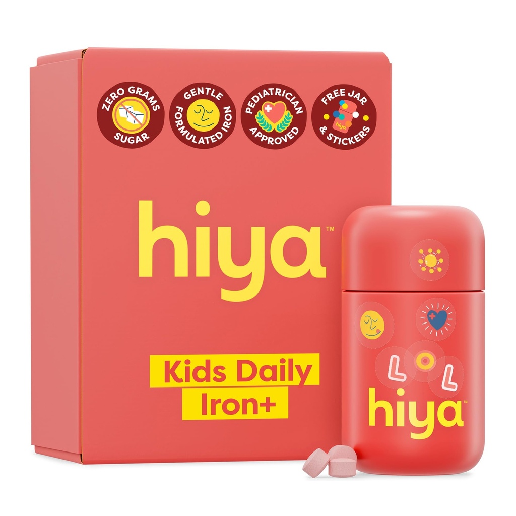 Hiya Iron+ supplementen voor kinderen - hoge absorptie ijzersupplement - heerlijke aardbeiensmaak en gemakkelijk op kindermaag - Geen toegevoegde suiker en derde partij getest - 30 dagen navulling levering voor peuters
