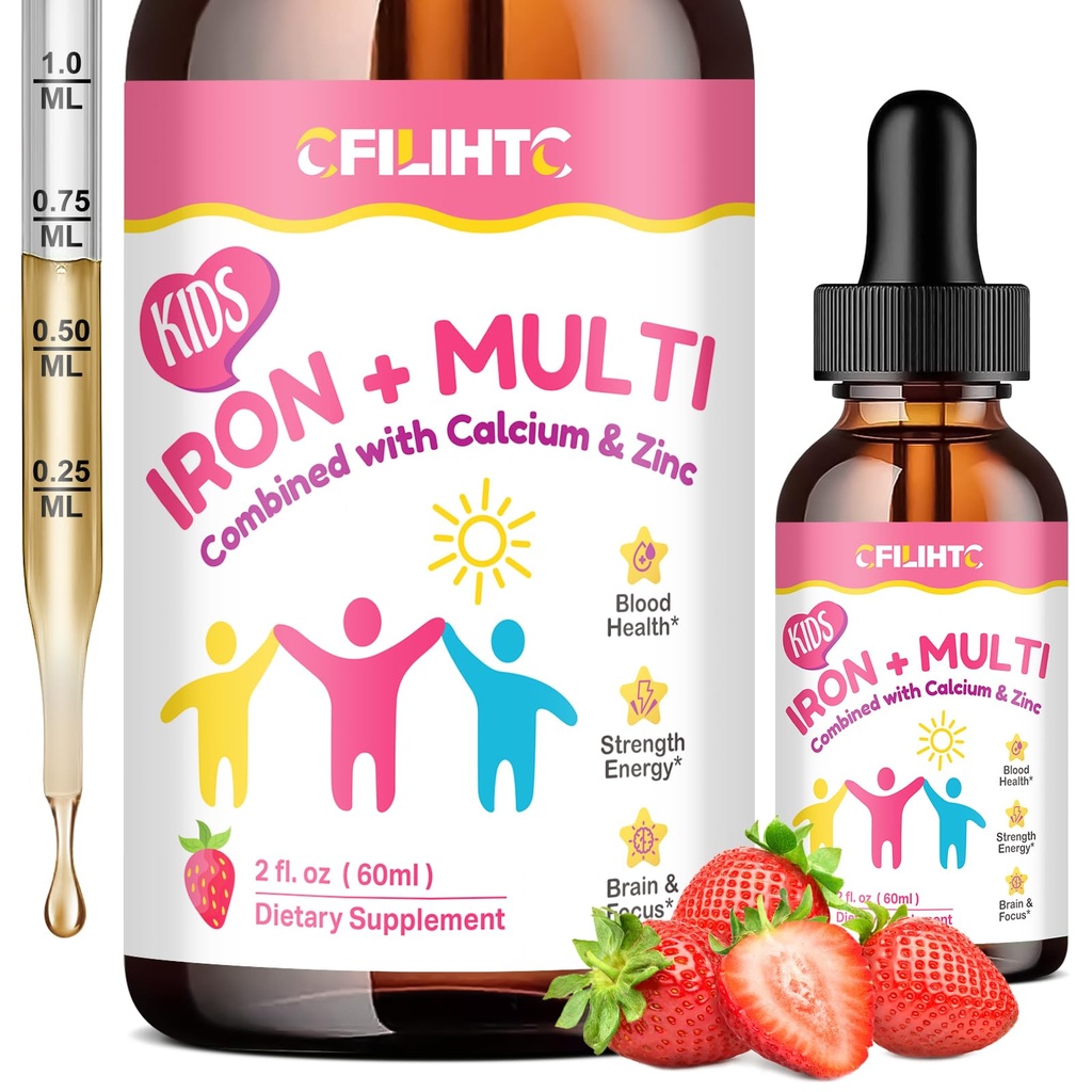 Liquid Iron Supplement for Kids, Women & Men - with Calcium, Zink, Kids Multivitamine with Iron Drops - Immune Support, Blood Builder & Energy Support for Iron Deficency, Anemia, Vegan 2 Fl Oz