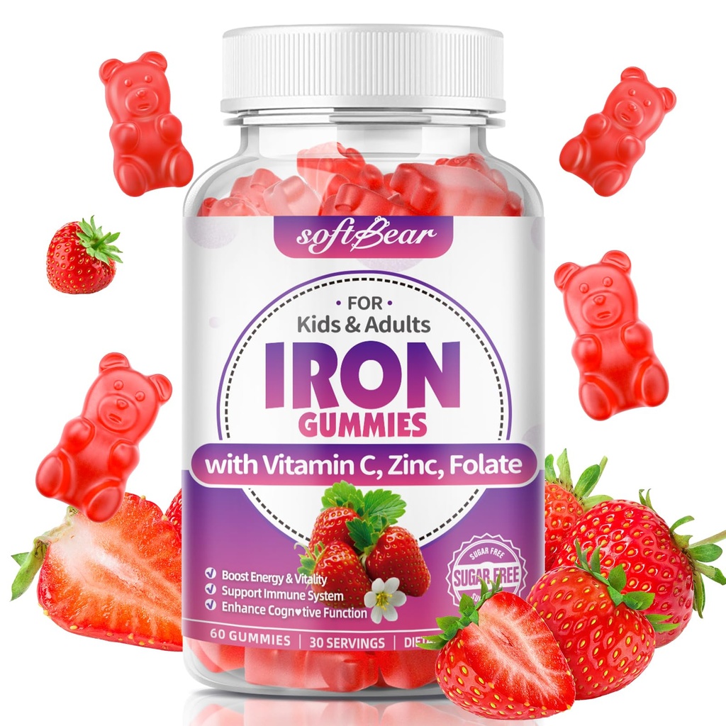softbear Iron Gummies for Women & Men & Kids, Kauwbare Iron Supplements with Vitamin C,B3,B5,B6,B12 ondersteunt Immune System, Energy & Vitality, Sugar-Free/Vegan, Strawberry Flavor 60 Count