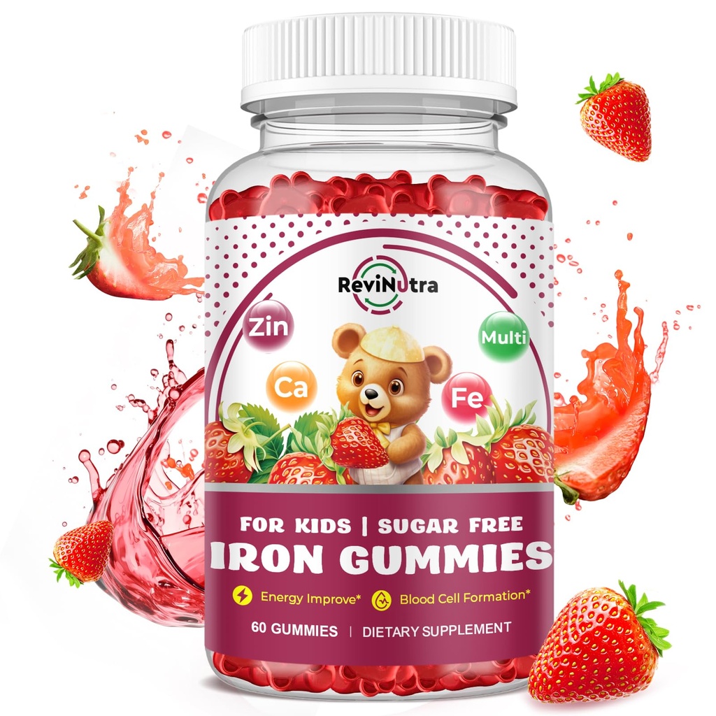 IJzeren supplement Gummies voor kinderen - met calcium, zink, kinderen Multivitamine met ijzer Gummies - Immune Support, Blood Builder & Energy Ondersteuning voor ijzertekort, anemie, Vegan - 60 Tellen