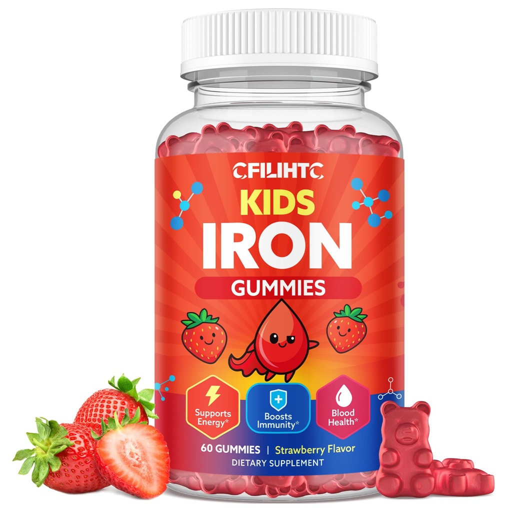 Iron Gummies for Kids & Teens, Kids Multivitamine with Iron Supplement, Calcium, Folate, Zink, Prebiotic - for Blood Builder & Energy Support, Iron Deficency - Vegan & Non-GMO - 60 Graaf Aardbei