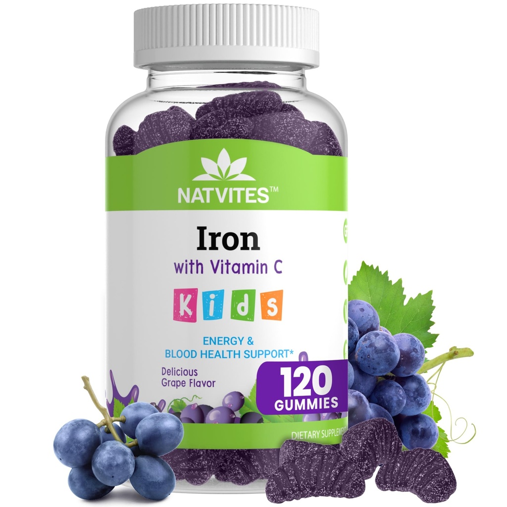 Kinderen IJzeren Gummies met Vitamine C - Heerlijke Grape Flavor - Energie & Blood Health Support - Glutenvrije Vegetarische Kinderen IJzer Supplement voor kinderen en peuters Leeftijd 2+ (120 Tel.)