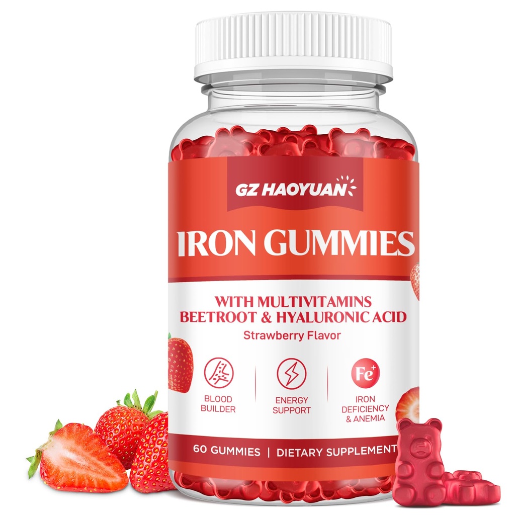 Iron Gummies for Women & Kids - Iron Supplement Gummies with Multivitamine for Blood Builder, Energy, Iron Deficency & Anemia - Sugar Free Vegan Strawberry 60 ct