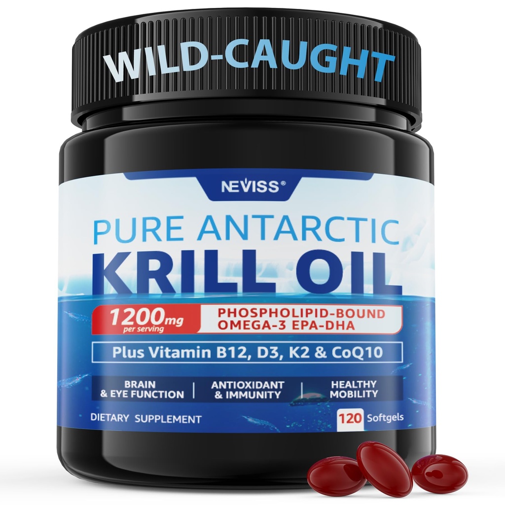Antarctica Krill Oil 1200 mg Omega 3 Supplement, Omega 3 Krill Oil Softgels w/EPA, DHA, Astaxanthine & Fosfolipiden voor Hersenen & Antioxidant, duurzaam geproduceerd, Geen Fishy Aftersmaak, 120 Softgels