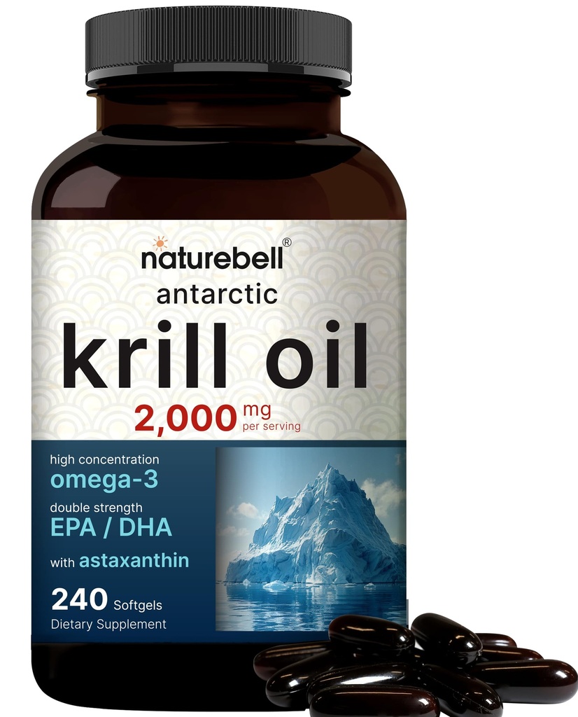 NatureBell Antarctic Krill Oil 2000mg Supplement, 240 Softgels, 3X Strength Natural Source of Omega-3s, EPA 240mg + DHA 160mg + Astaxanthine 800mcg