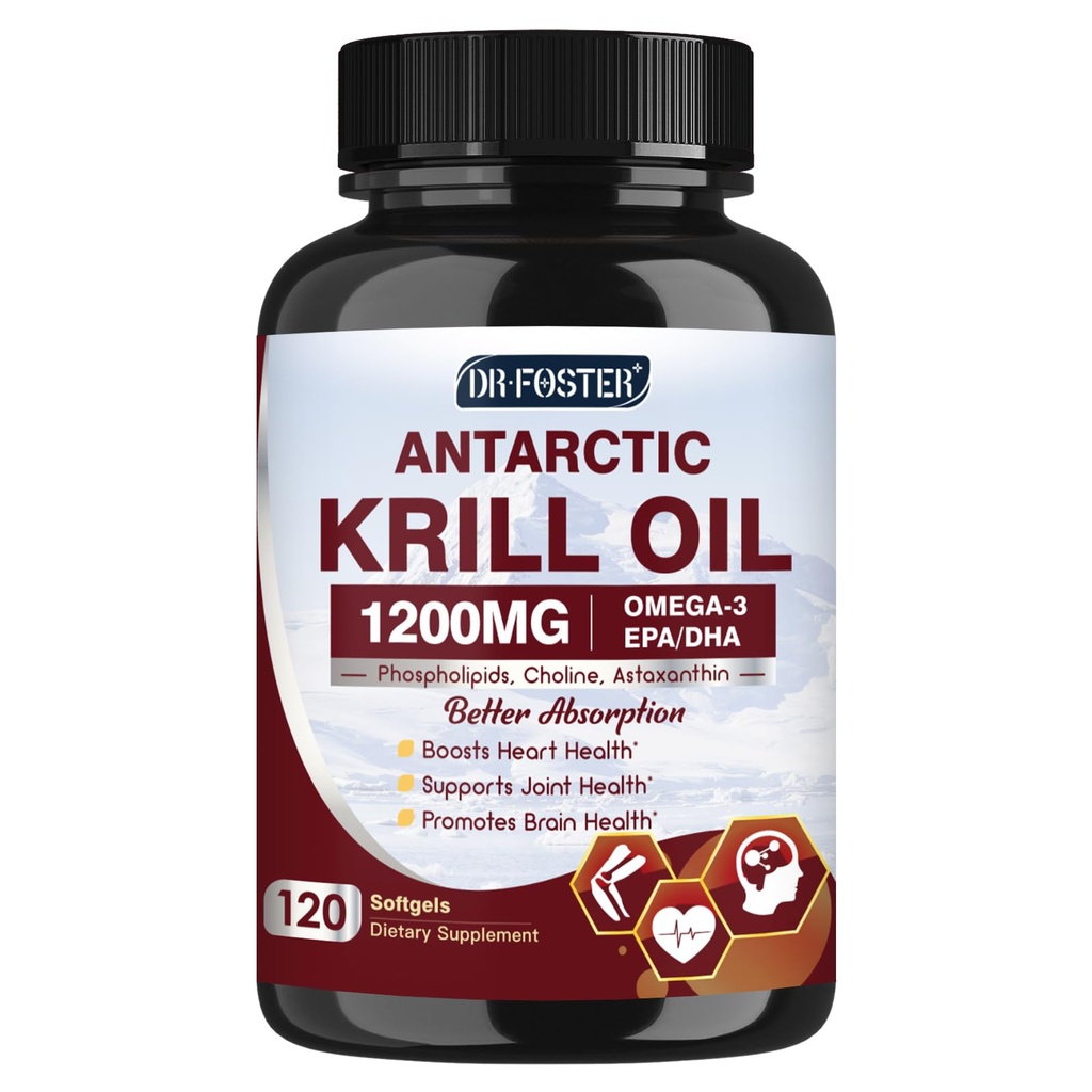 Krill Oil 1200mg, Antarctische Krill Oil Omega 3 Supplement met EPA, DHA,Astaxanthine & Fosfolipiden voor hart & hersenen & Joint Health, No Fishy Aftersmaak,120 Softgels (60 Servings)