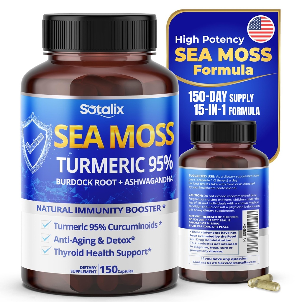 Sotalix Sea Moss Capsule with Ashwagandha, Burdock Root, Bladderwrack, Turmeric - Powerful Natural Immunity Booster (150 Count (Pack of 1))