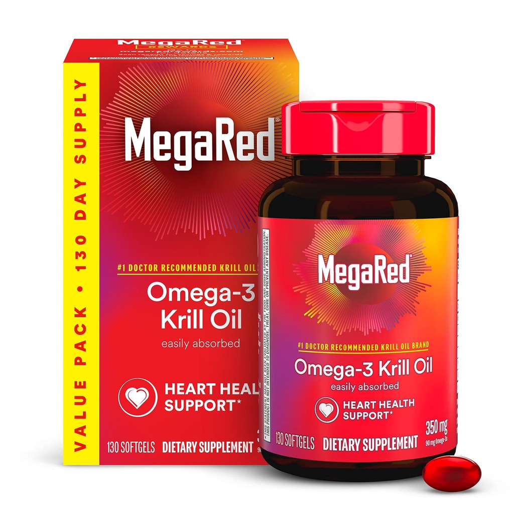 MegaRed - Omega-3 Krill Oil 350mg Softgels (130 Tel in een fles), EPA & DHA Omega-3 vetzuren met geen visachtige afdronk In tegenstelling tot visolie, bevat Antioxidant Astaxanthine