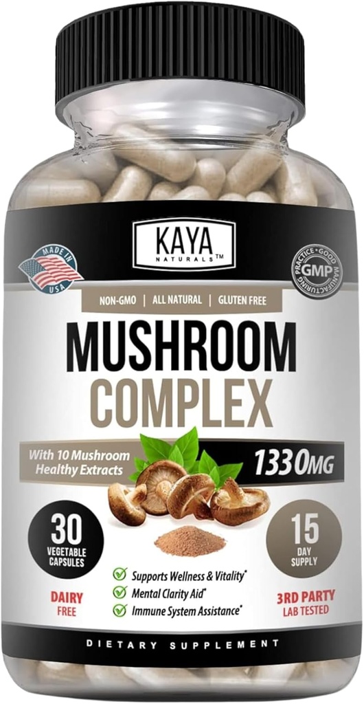 Kaya Naturals Premium Mushroom Complex Potent - Paddestoel Complex Capsules 1995mg Per Serving - Aids Mental Clarity Ondersteunt Immune System, Wellness & Vitality Tel.