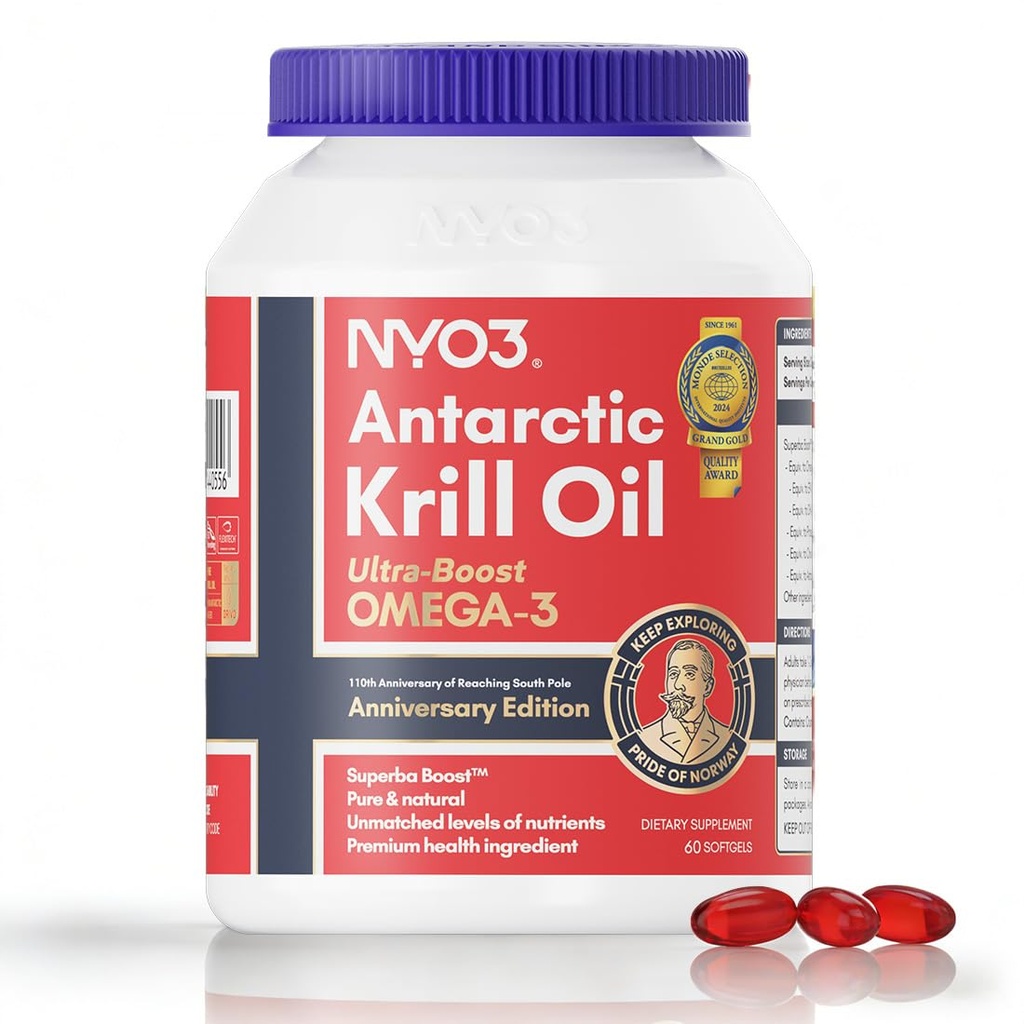 NYO3 Krill Oil 1000mg Omega 3 Supplement, 56% Fosfolipiden voor 98% Absorptie, Antarctische Superba Boost Krill Oil, Hoge EPA & DHA voor Heart Brain Blood Lipid Health, No Fishy Burps, 60 Softgels