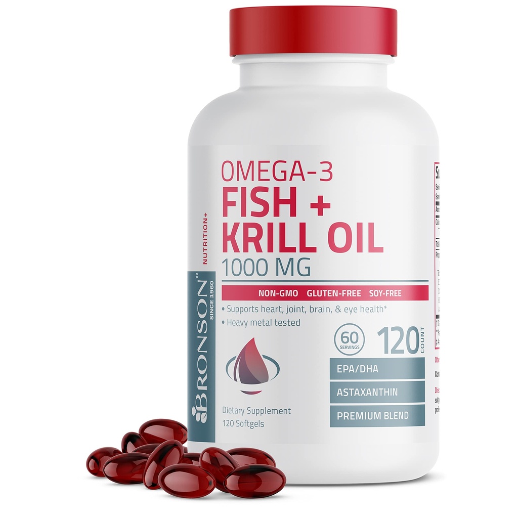 Bronson Omega-3 Vis + Krill Oil 1000 MG EPA DHA Astaxanthine Premium Blend - Joint, Brain & Eye Health - Non GMO, Heavy Metal Tested, 120 Softgels