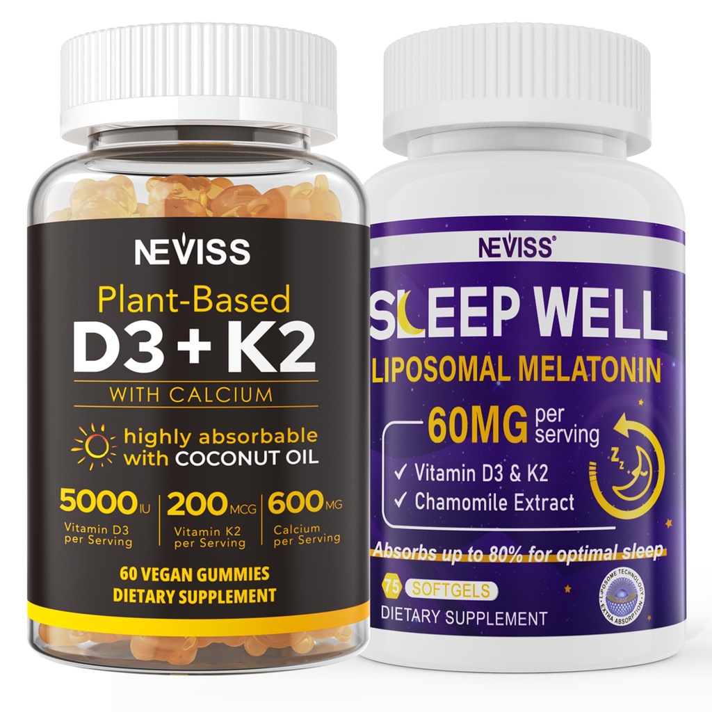 NEVISS Vitamine D3K2 5000IU Gummies + Melatonine 60mg voor volwassenen bundel