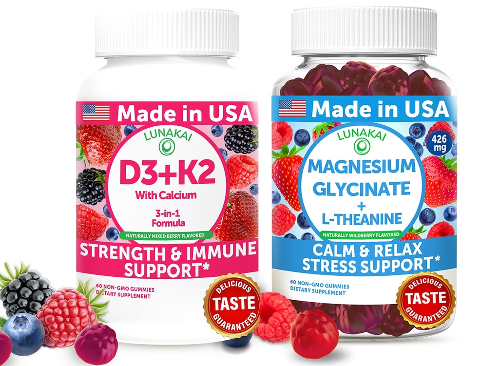 Lunakai USA Made D3+K2 with Calcium & Magnesium Glycinate + L-Theanine Gummies Bundle 