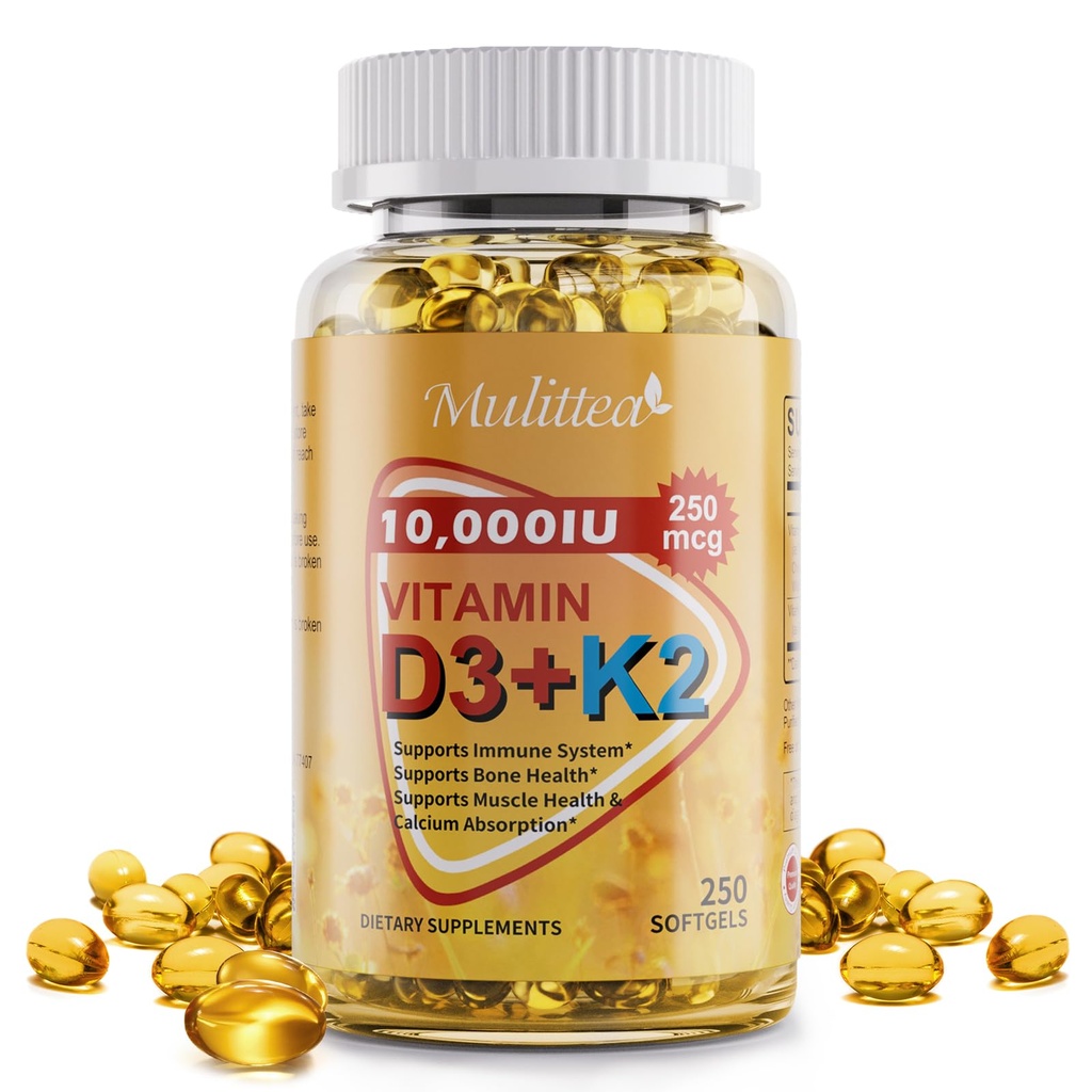 Plant-based D3 K2 Vitamine 10000 IE w/Virgin Coconut MCT Olie - 200 mcg MK7 vitamine K2, niet-GMO voor ultieme absorptie - Bone, Immune & Heart Health - Easy to Swallow D & K Supplement - 250 Softgels