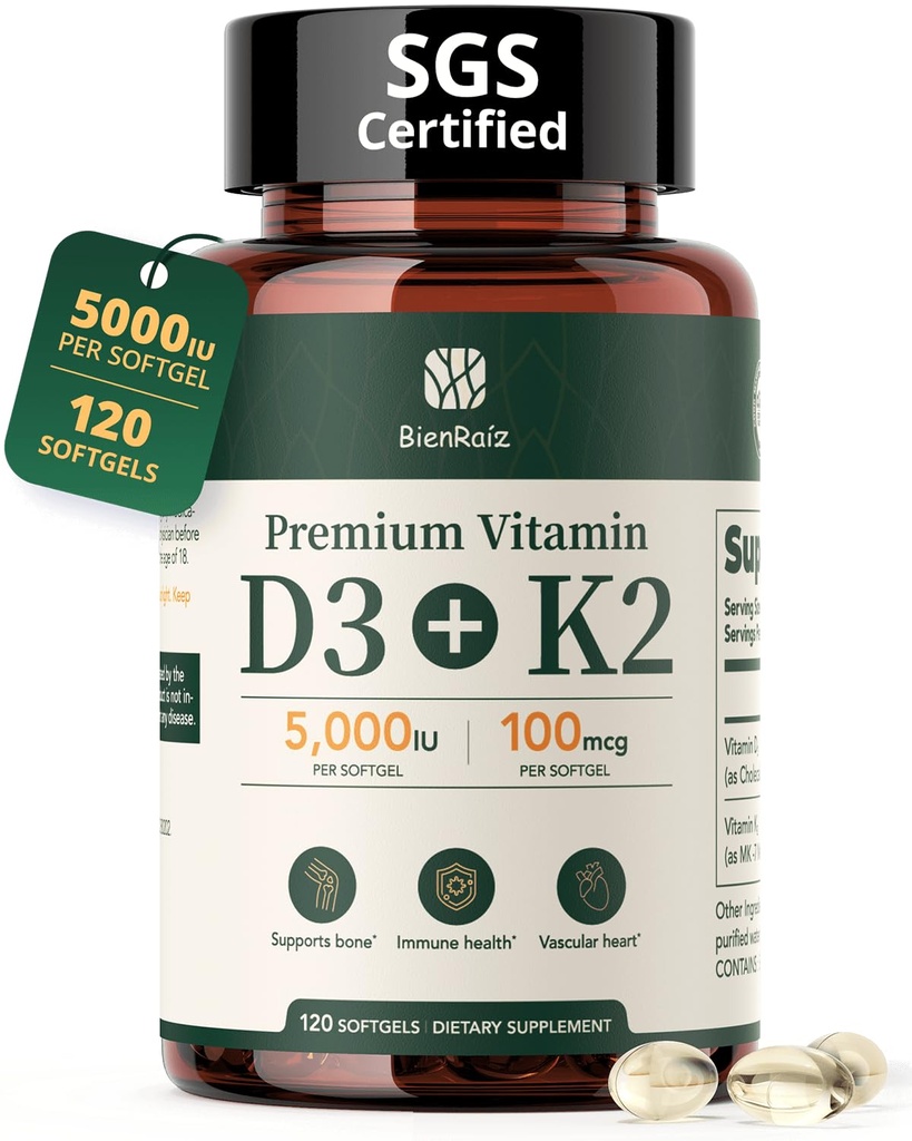Vitamine D3 K2 5000IU 100mcg MK-7, 120 Softgels, 2-in-1 K2 D3 Vitaminesupplement voor botgezondheid, Immuunondersteuning, betere calcium Absorptie, gemakkelijk doorslikken, één dagelijkse, 120 dagen levering