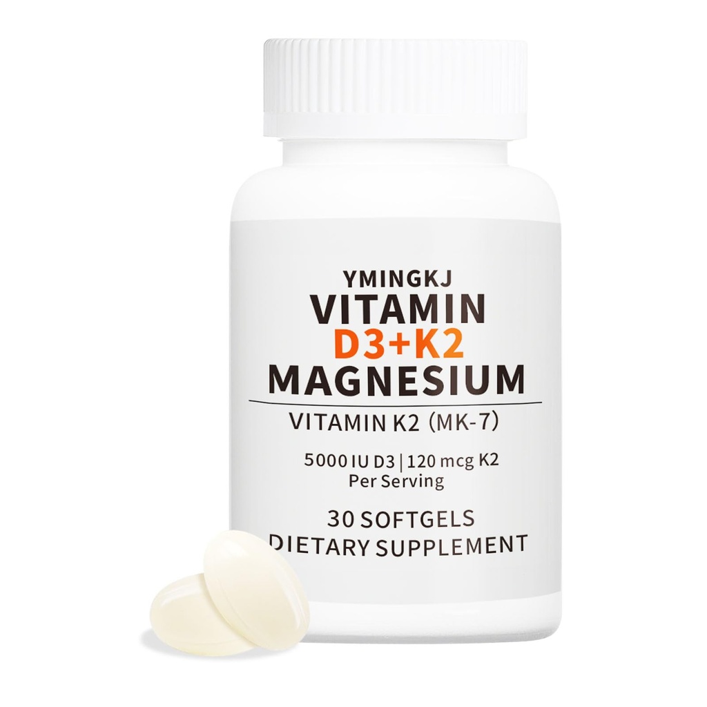 Vitamin D3 K2 5000 IU Softgels with Magnesium Supplement - & 120mcg MK-7 K2 for Bone Health & Immune Support - Non-GMO & Gluten-Free Softgels with MCT Oil- 30 Softgel