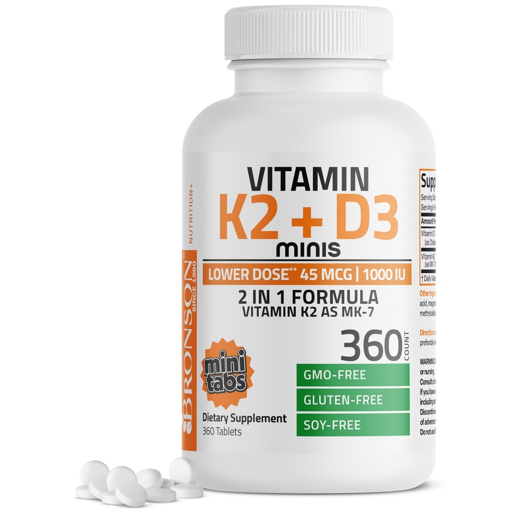 Bronson vitamine K2 (MK7) met D3 lagere dosis 45 mcg vitamine K2 & 1000 IE vitamine D3 Eenvoudig doorslikken Dagelijks onderhoud 2 in 1 Formule Non-GMO, 360 Mini tabletten