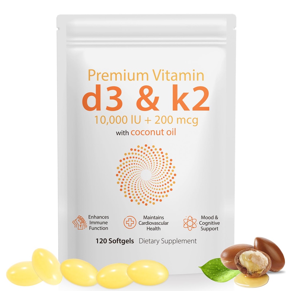 Daiasns Vitamin D3 K2 10000iu Supports Muscle & Brain Health -High-Potency D3 K2 Supplement Helps in Immune and Cardiovascular Support - 120 Softgels