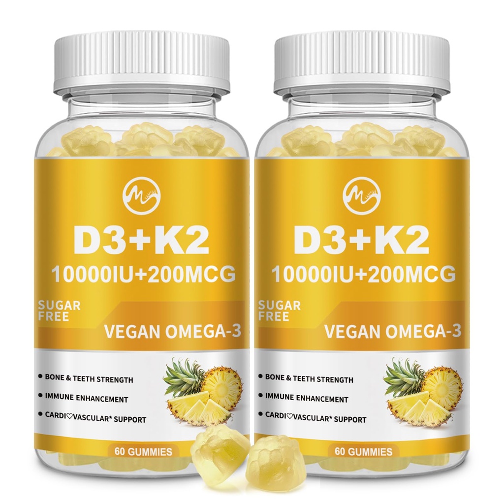 M inch Vitamine D3 K2 Gummies, Vitamine D3 10000IU, K2 (MK-7) 200mcg, 6-in-1 Vitamine D3 con K2 Supplement met Omega-3 voor vrouwen en mannen - Bones, Tanden & Immune Ondersteuning, Suikervrij, 2 Pack