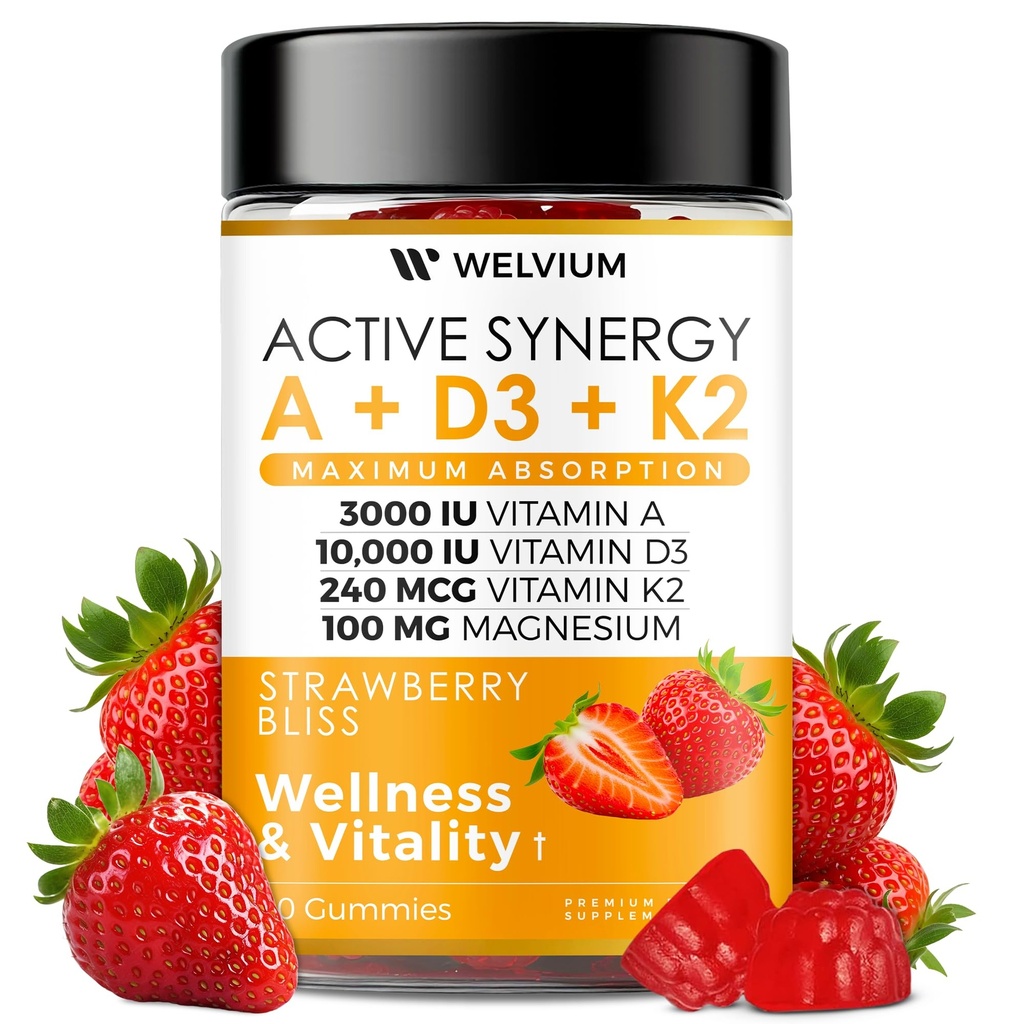 Vitamine D3 K2 Gummies 10000 IE met Magnesium Glycinate, Calcium, B12, K2 MK-7, Vitaminen A, E, Luteïne, Zeaxanthine - ADK Kauwbare Supplement voor bot, oog, Immuunondersteuning - D3K2 Gummies