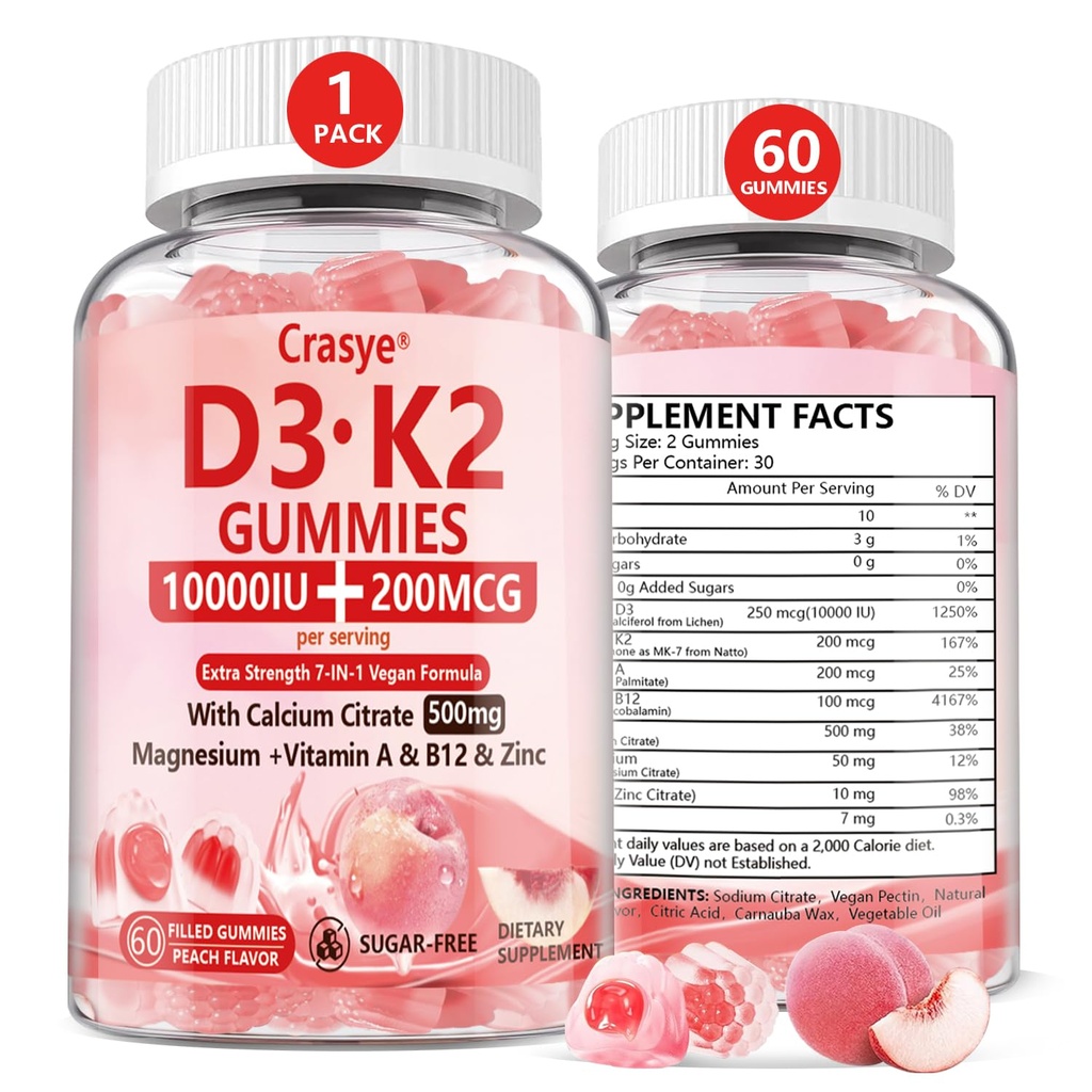 Vitamine D3 K2 Gummies 10000 IE met 500mg Calcium Magnesium Zink Gummy Suikervrij ADK+Vitamine B12 Supplementen voor vrouwen en mannen Bones, Spieren, Tanden Perzik Smaak - 60 Gummies - 30 Serves
