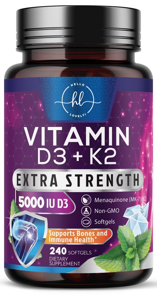 Vitamine D met K2 (MK-7) - Vitamine D3 5000IU (125mcg) Per portie - D3K2 Complex Supplement voor botten, tanden, spieren, Calcium Absorptie, Immune Support & Heart Health - gebotteld in de VS - 240 Softgels