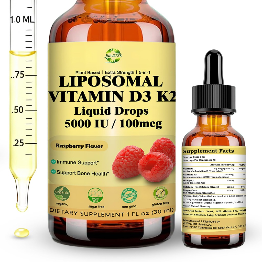 Vloeibare vitamine D3 K2 druppels met calcium Magnesium Omega3, hoge potentie 5-in-1 D3 K2 vitamine 5000 IE supplement voor botgezondheid, harttanden & Immue, Ultra hoge absorptie Liposomale D3K2 plantenbasis