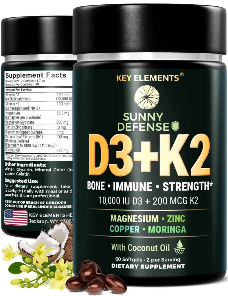 BELANGRIJKSTE ELEMENTEN D3 K2 Vitamine 10.000 IE met Magnesium Glycinate 350mg, Zink en Moringa - Bone & Immune Support - Vitamine D met K2 MK-7 200mcg - Non-GMO, Glutenvrije Softgels