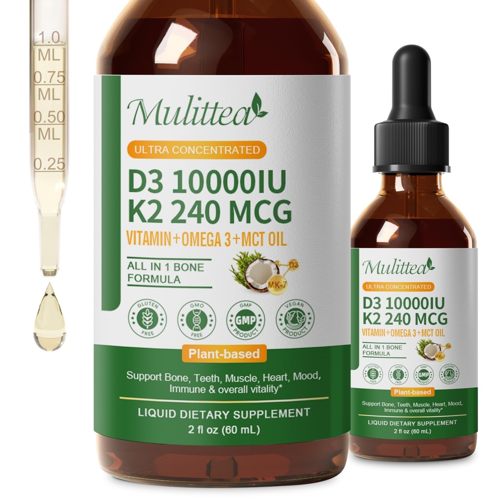 2 Pack Organic Vitamin D3 K2 Liquid 10000 IE w/ Vegan Omega-3 & Coconut MCT Oil - Maximale sterkte Vitamine D Supplement, Geen Fillers, Non-GMO K2 als MK7 voor botten, spieren en hoge absorptie-2 Fl Oz
