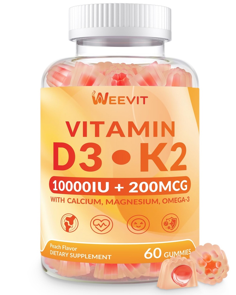 Weevit Vitamine D3 K2 Gummies, Suikervrij Vitamine D3 K2 w/Calcium, Magnesium, Omega-3, Vitamine C,B12, K2 D3 Supplement