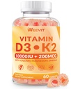 Weevit Vitamine D3 K2 Gummies, Suikervrij Vitamine D3 K2 w/Calcium, Magnesium, Omega-3, Vitamine C,B12, K2 D3 Supplement