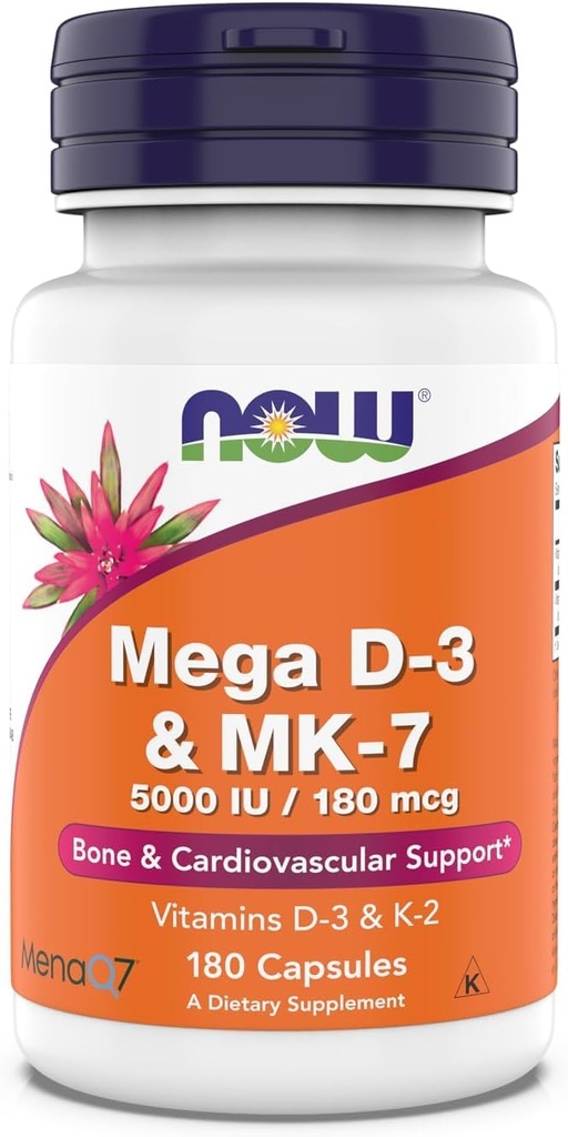 Nu Supplementen, Mega D-3 & MK-7, 5000 IE / 180 mcg, Bone & Cardiovasculaire Ondersteuning*, Vitaminen K-3 & K-2, 180 Capsules