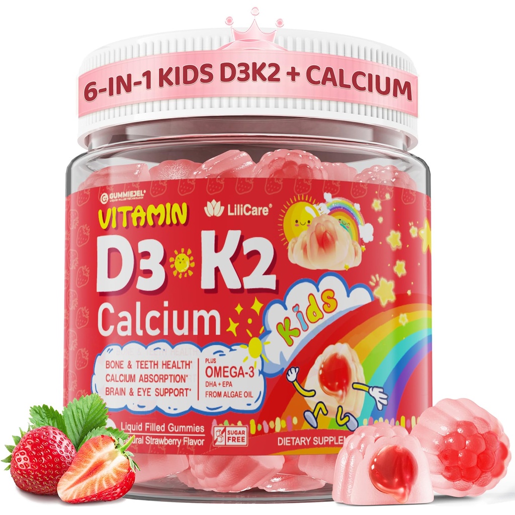 Vitamine D3 K2 + Calcium Liquid-filled Gummies for Kids & Teens, 1000IU / 2000IU D3 with Magnesium, Algal Omega 3, Kids Vitaminen for Bones & Teeth, Calcium Absorptie, Hersenen, Immune, Suikervrij, 60Ct