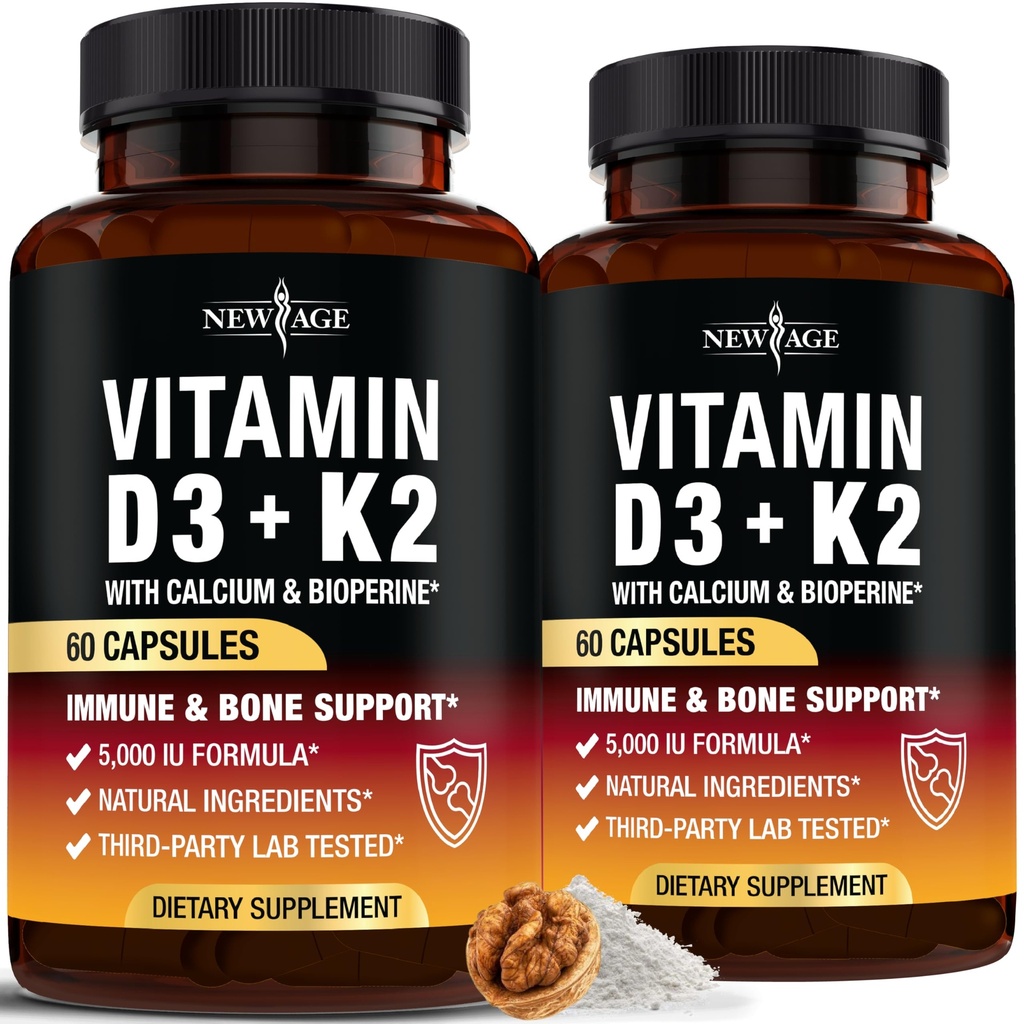 NIEUWE AGE Vitamine D3 5.000 IE + K2 MK-7 100 mcg - 2-in-1 bot, Immune & Heart Support, Gemakkelijk door te slikken, Non-GMO - 120 capsules