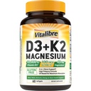 Vitalibre Vitamin D3 K2 + Magnesium Supplement, 10000 IU Vitamin D3 & 100 mcg K2, with Magnesium Glycinate, Bone, Teeth, Immune & Energy Support, High Absorption, Non-GMO, Easy to Swallow, 60 Softgels