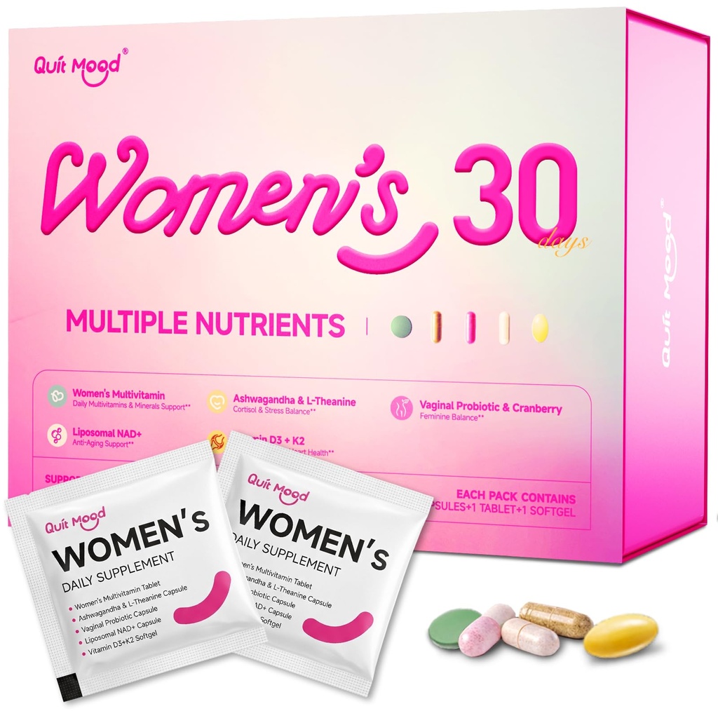Multivitamine voor Vrouwen Dagelijkse Vitamine Packs voor 30 plus met D3+K2, NR1000, Probiotica & Ashwagandha 