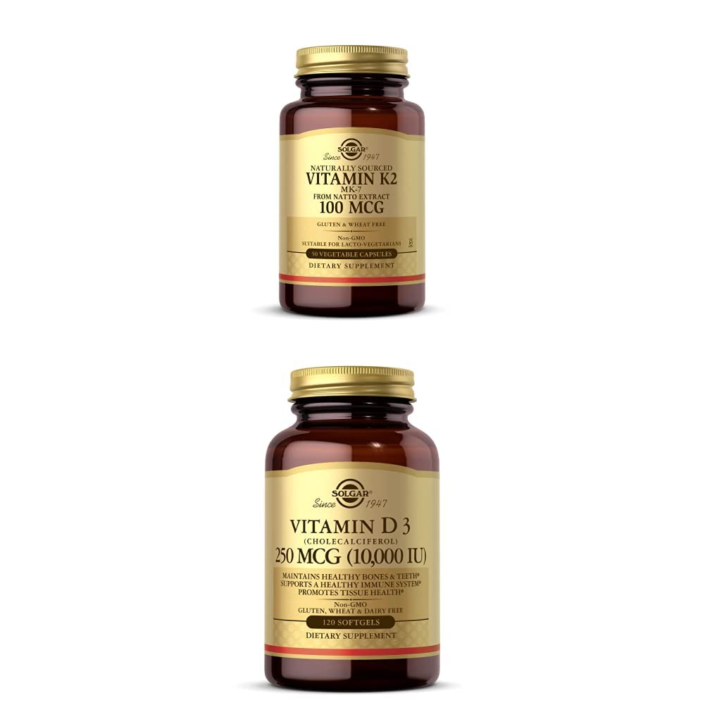 Solgar Vitamine K2 (MK-7) 100mcg, 50 plantaardige capsules - Ondersteunt Bone Health Vitamine D3 (Cholecalciferol) 250 MCG (10.000 IE), 120 Softgels - Immuunsysteemondersteuning