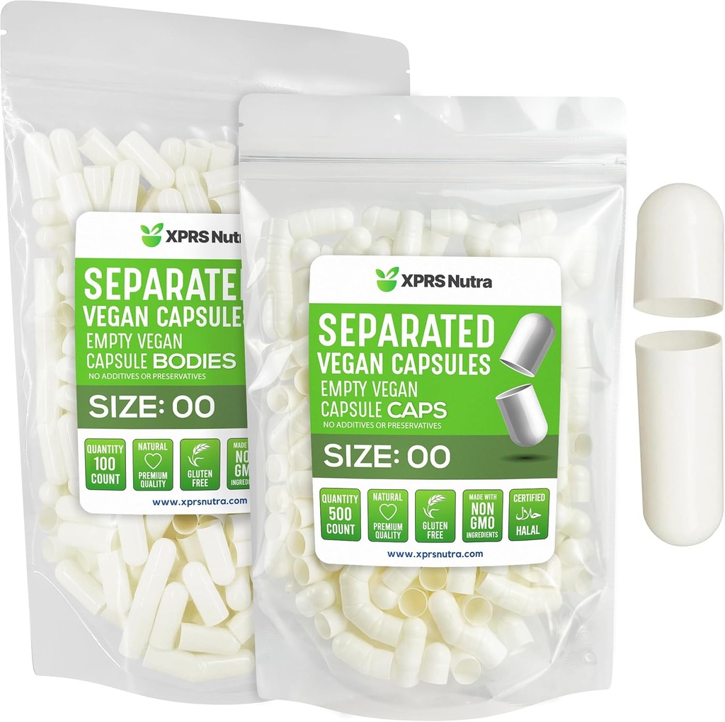 XPRS Nutra Vegan Maat 00 Gescheiden Capsules - 100 Tel Premium Lege Capsules Gescheiden in zakken - 00 Pillen Leeg voor DIY supplement vullen (White)