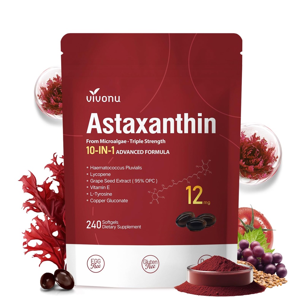 10 in 1 Astaxanthine 12 mg Supplementen, 4 maand levering, Astaxantina Antioxidant van Verse Hematococcus Pluvialis, Bevat Lycopeen, Grape Seed, Vitamine E, & Meer ondersteunt oog, gewrichten, huidgezondheid